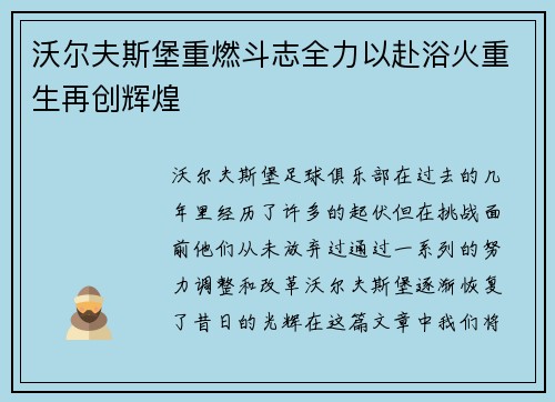 沃尔夫斯堡重燃斗志全力以赴浴火重生再创辉煌