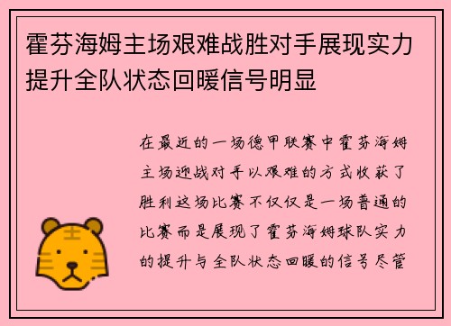 霍芬海姆主场艰难战胜对手展现实力提升全队状态回暖信号明显