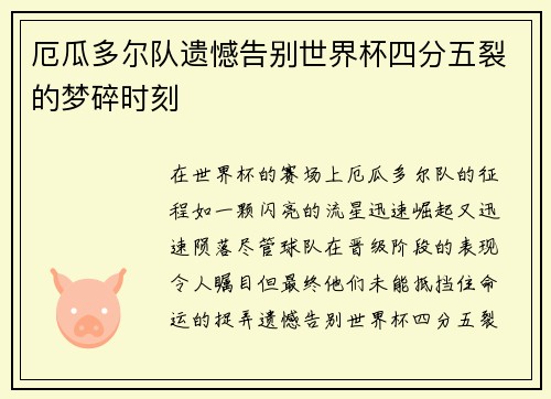 厄瓜多尔队遗憾告别世界杯四分五裂的梦碎时刻