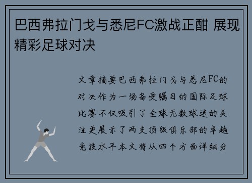 巴西弗拉门戈与悉尼FC激战正酣 展现精彩足球对决