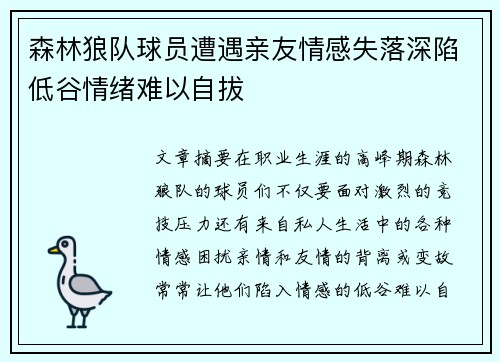 森林狼队球员遭遇亲友情感失落深陷低谷情绪难以自拔