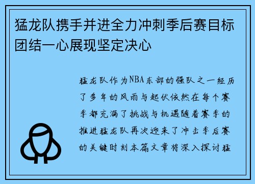 猛龙队携手并进全力冲刺季后赛目标团结一心展现坚定决心
