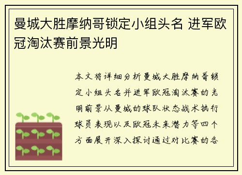曼城大胜摩纳哥锁定小组头名 进军欧冠淘汰赛前景光明